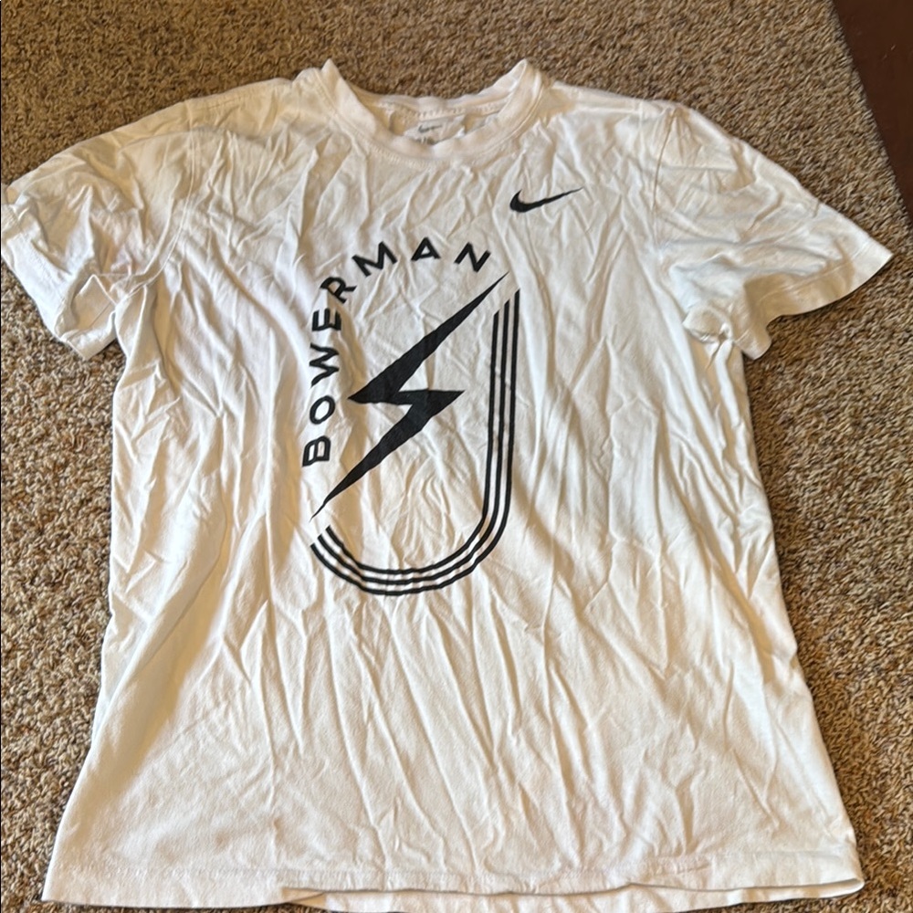 Nike White Short Sleeve Bowerman Graphic Tee with Black Logo